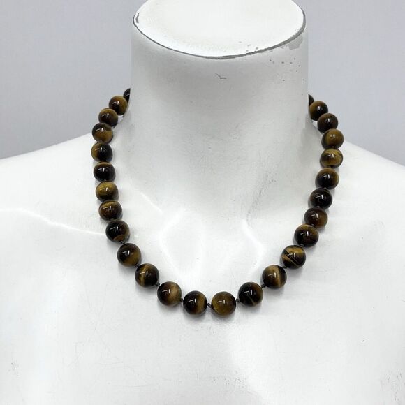Sterling Tigers Eye Necklace by WK Whitney Kelly‎ 18" - 20 1/4" Beads 11 mm Each - Picture 1 of 9